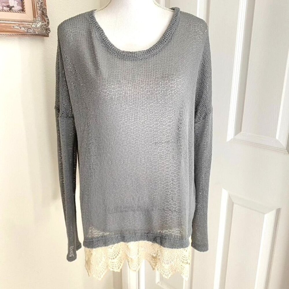 Urban Outfitters Staring At Stars Open Knit Grey Sweater Lace Trim Size Medium